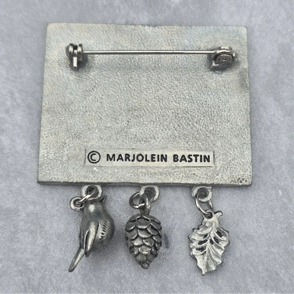Marjolein Bastin Rabbit Winter Scene Dangle Charm Brooch Pin Bird Pinecone Leaf